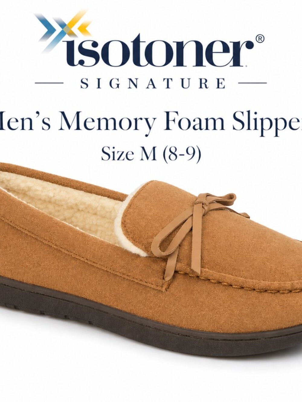 Isotoner Men’s Memory Foam Slippers Size 8-9 Cozy Moccasin Brown